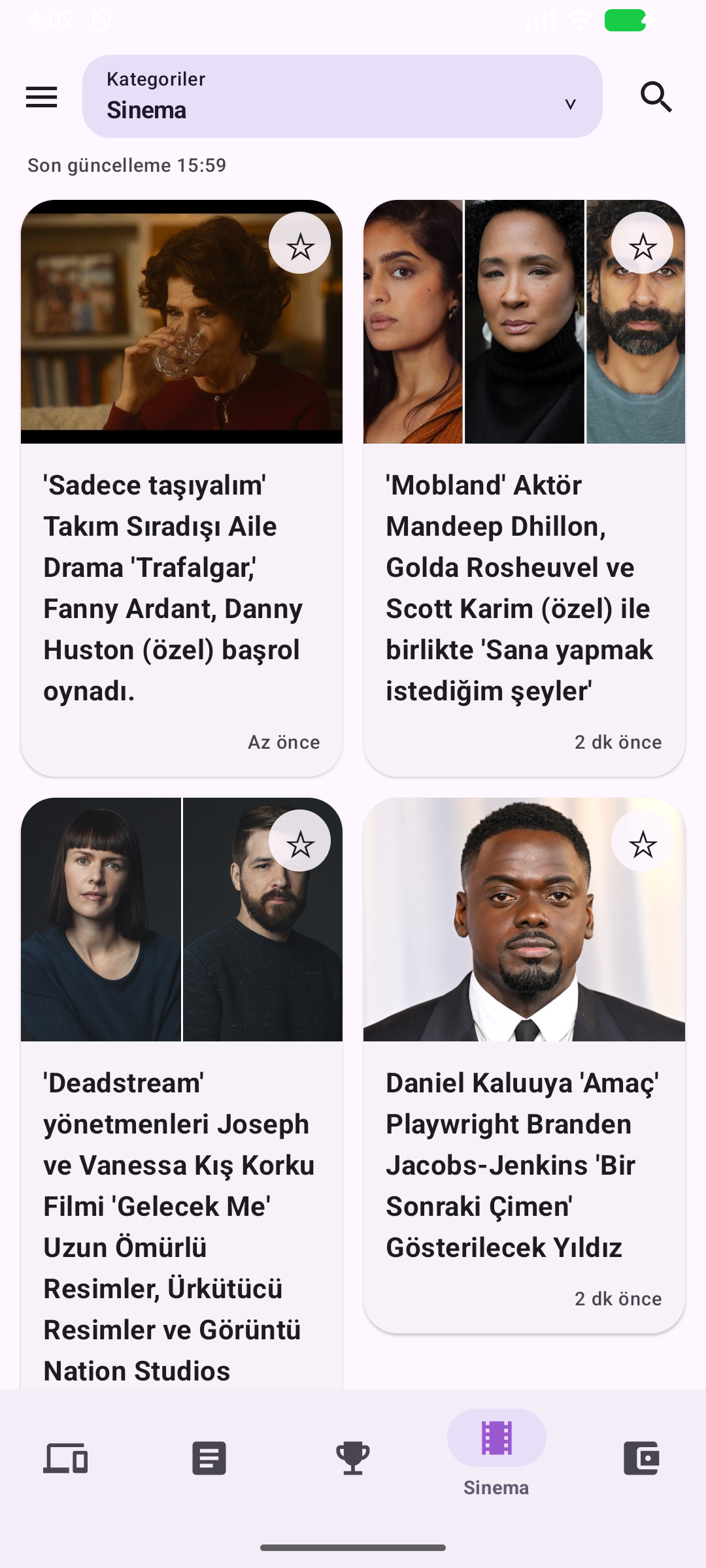 Monte Haber uygulamasında sinema haberleri ekranı