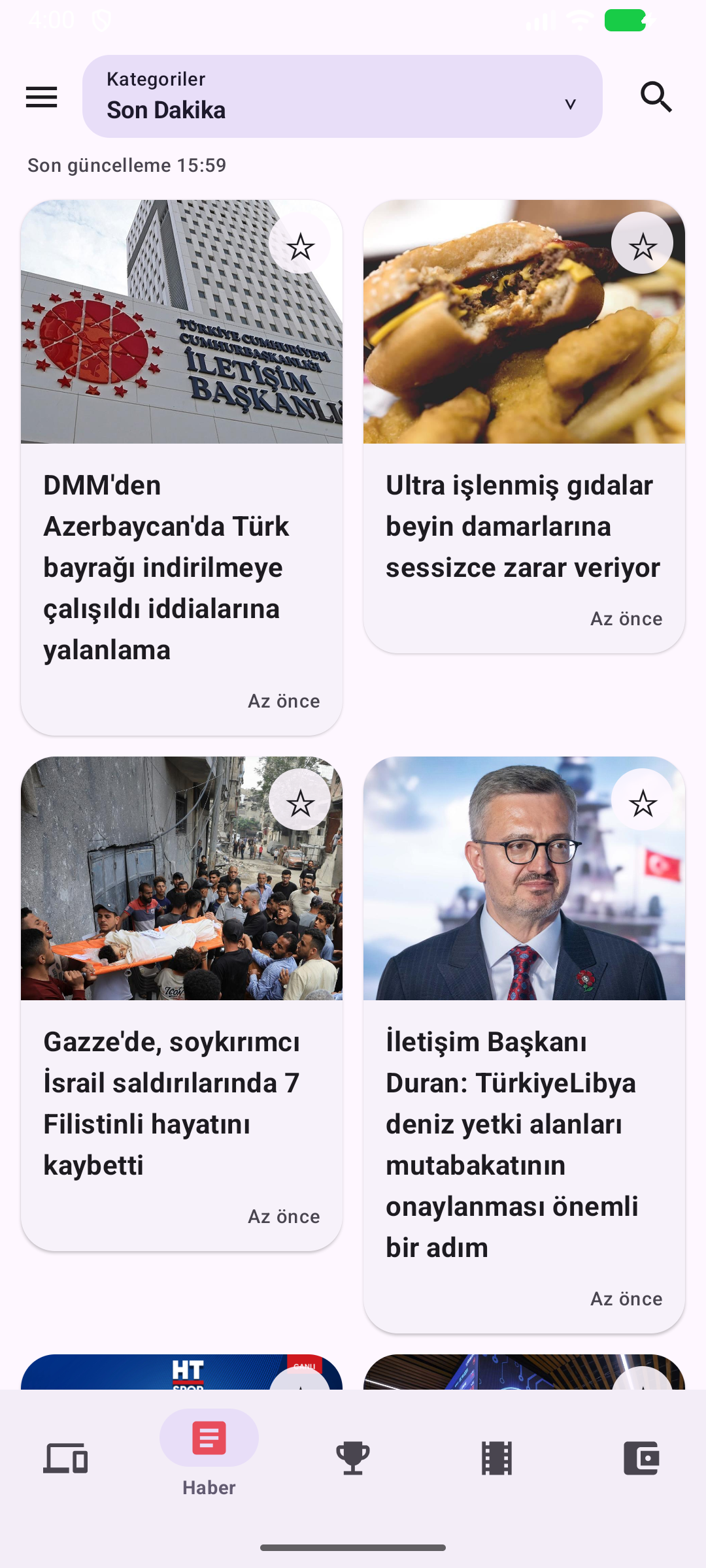 Monte Haber uygulamasında haber akışı ekranı