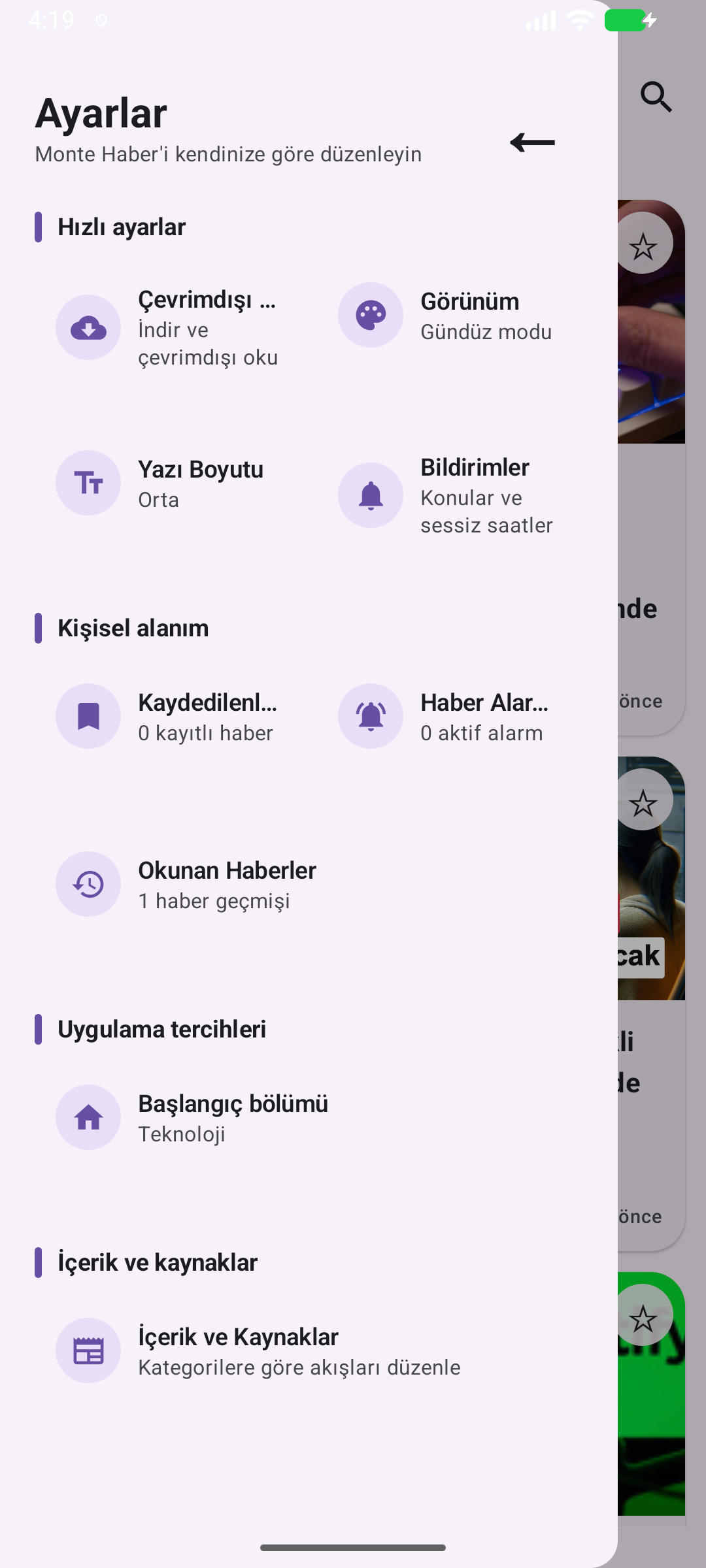 Monte Haber uygulamasının ayarlar menüsü