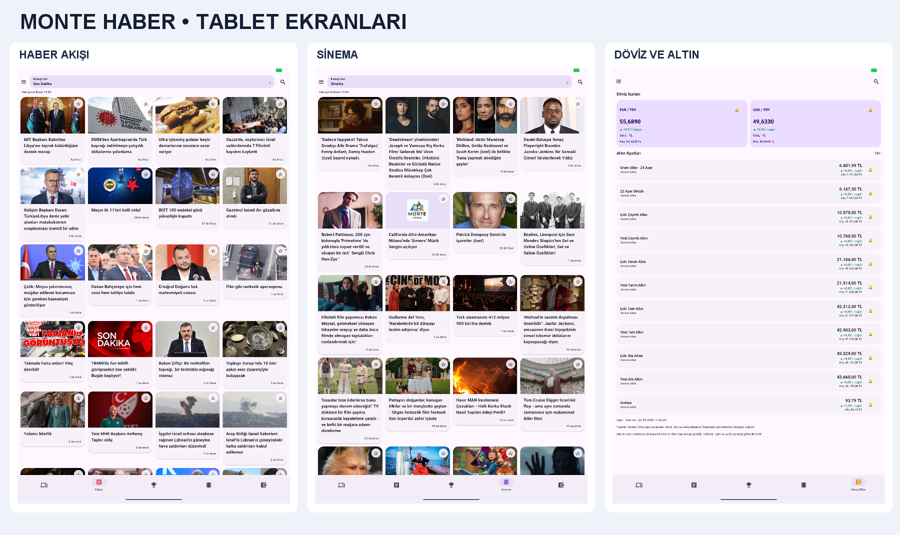 Monte Haber'in tablet ekranlarında haber, sinema ve finans görünümü